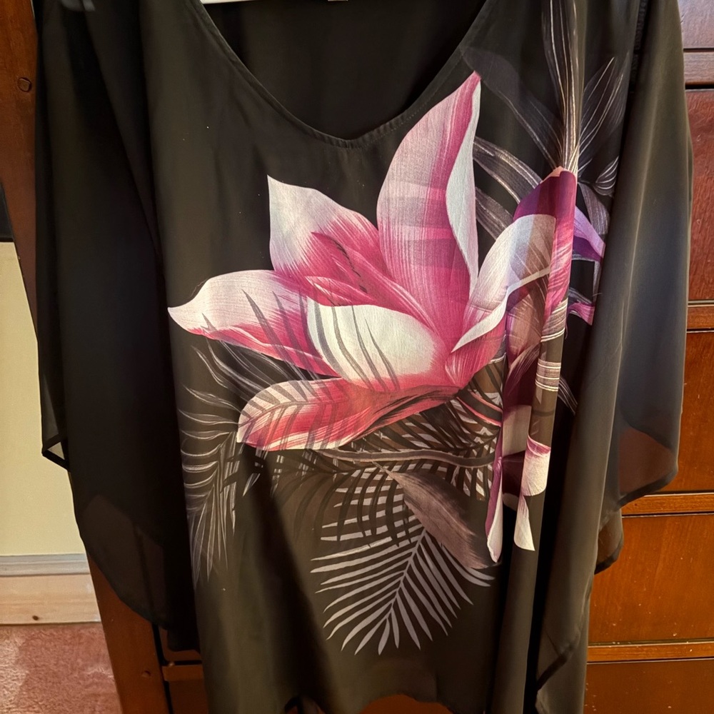Avenue Black Blouse with Pink Floral Design